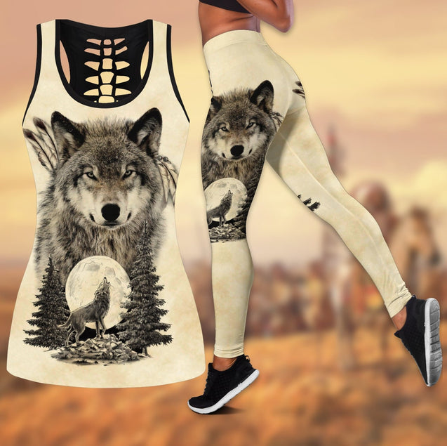 Wolf Native American 3D All Over Printed Legging + Hollow Tank