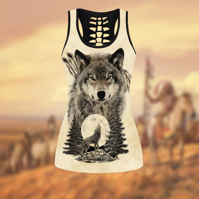 Wolf Native American 3D All Over Printed Legging + Hollow Tank