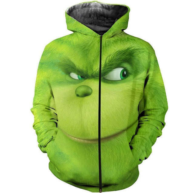 3D ALL OVER PRINTED DIRTY SMILING GRINCH FACE-Apparel-HP Arts-ZIPPED HOODIE-S-Vibe Cosy™