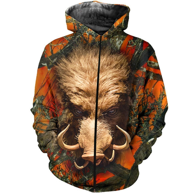 3D Printed Orange Camo Boar Hunting Clothes-Apparel-HP Arts-ZIPPED HOODIE-S-Vibe Cosy™