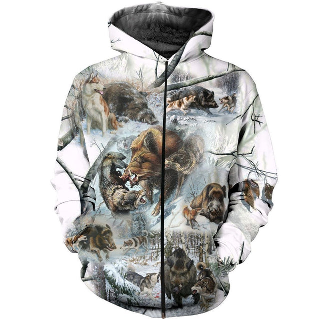 3D Printed Winter Boar Hunting Art Clothes-Apparel-HP Arts-ZIPPED HOODIE-S-Vibe Cosy™