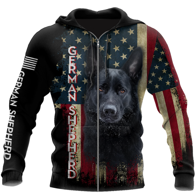 Black German Shepherd American Flag 3D All Over Print Hoodie