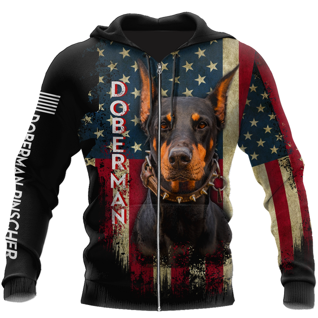 Doberman Pinscher American Flag 3D All Over Print Hoodie