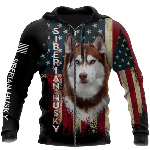 Husky Siberian American Flag 3D All Over Print Hoodie