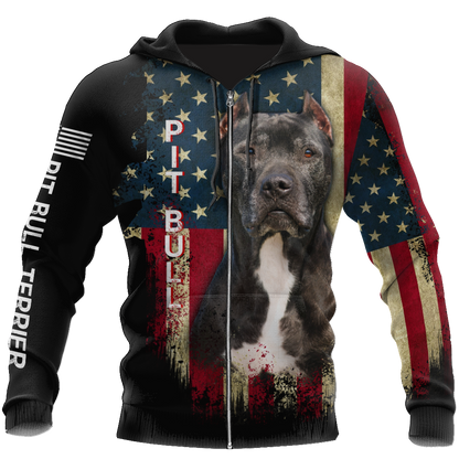 Pit Bull Terrier American Flag 3D All Over Print Hoodie