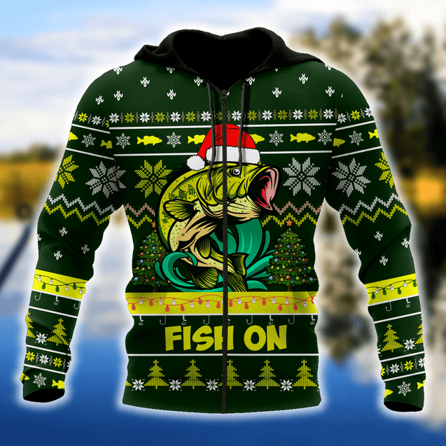 Bass Fishing Fish on Christmas Hat 3D Shirts