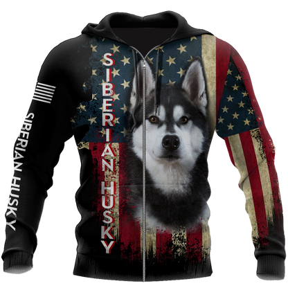 Black Husky Siberian American Flag 3D All Over Print Hoodie