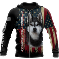 Black Husky Siberian American Flag 3D All Over Print Hoodie