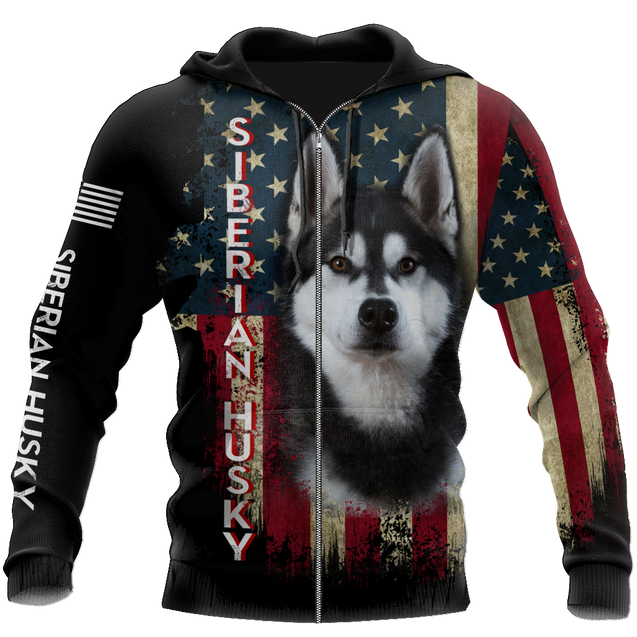 Black Husky Siberian American Flag 3D All Over Print Hoodie