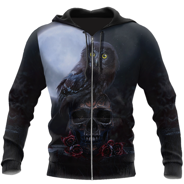 Skull And Owl All Over Printed Hoodie For Men And Women MEI